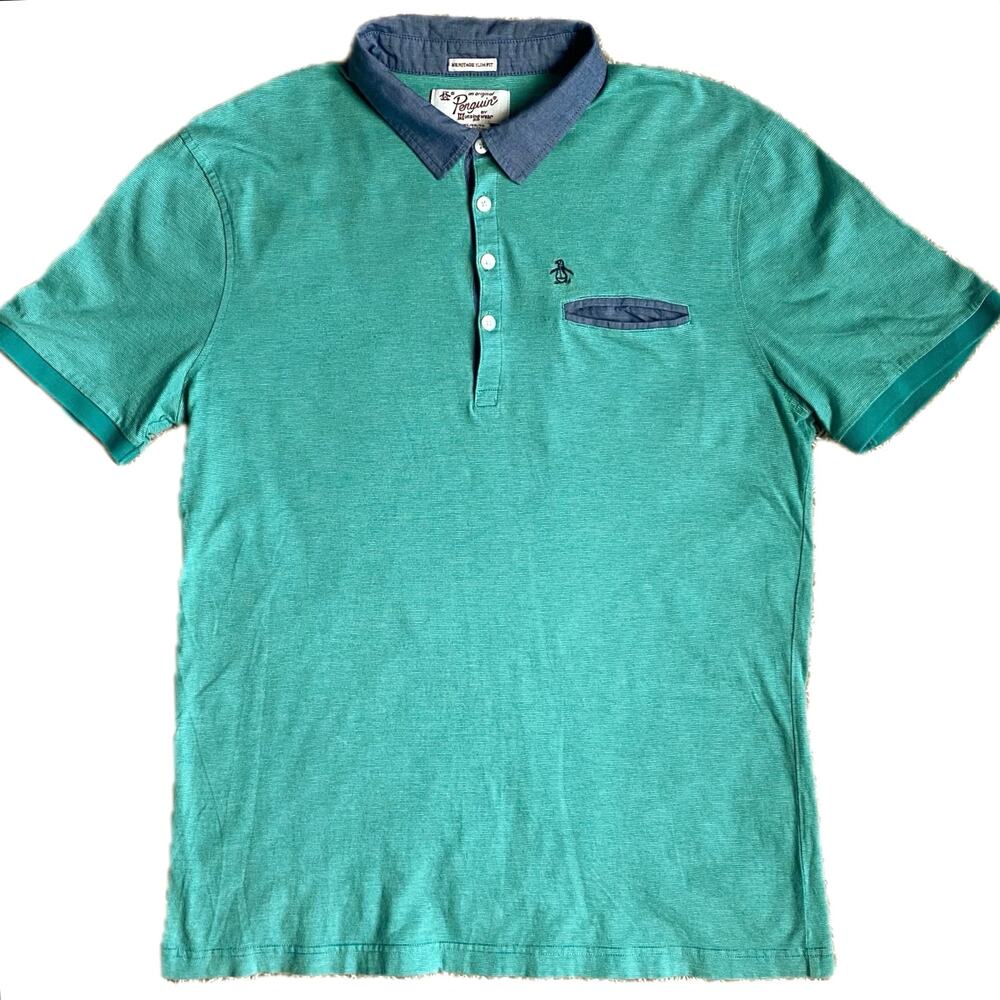 Original Penguin Green Stripe Chambray Trim‎ Polo Size XL Slim Fit Golf Shirt
